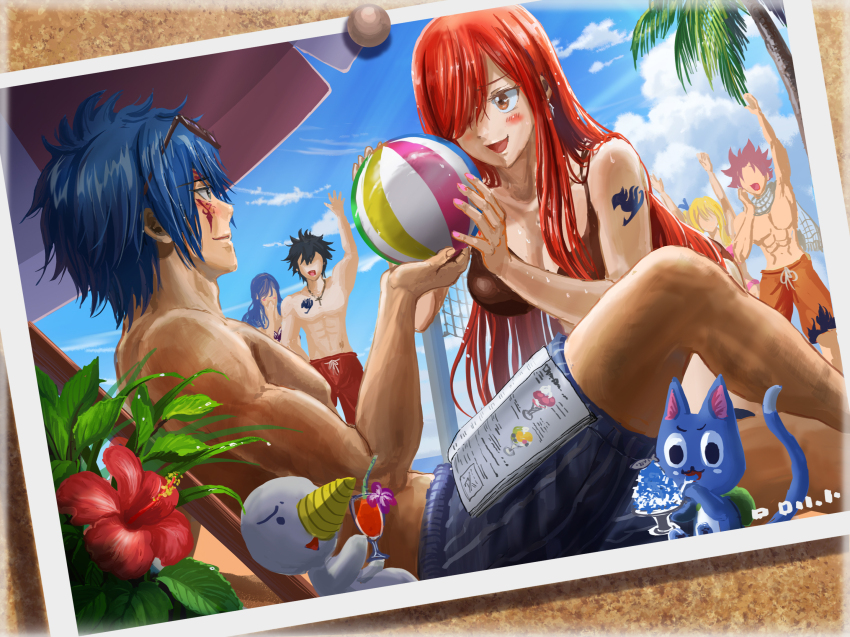 3boys 3girls abs ball bare_shoulders beachball bikini blue_hair chest_tattoo erza_scarlet facial_tattoo fairy_tail gray_fullbuster hair_over_one_eye happy_(fairy_tail) highres jellal_fernandes juvia_lockser long_hair lucy_heartfilia multiple_boys multiple_girls muscular muscular_arms muscular_male natsu_dragneel plue red_hair shoulder_tattoo swimsuit tattoo