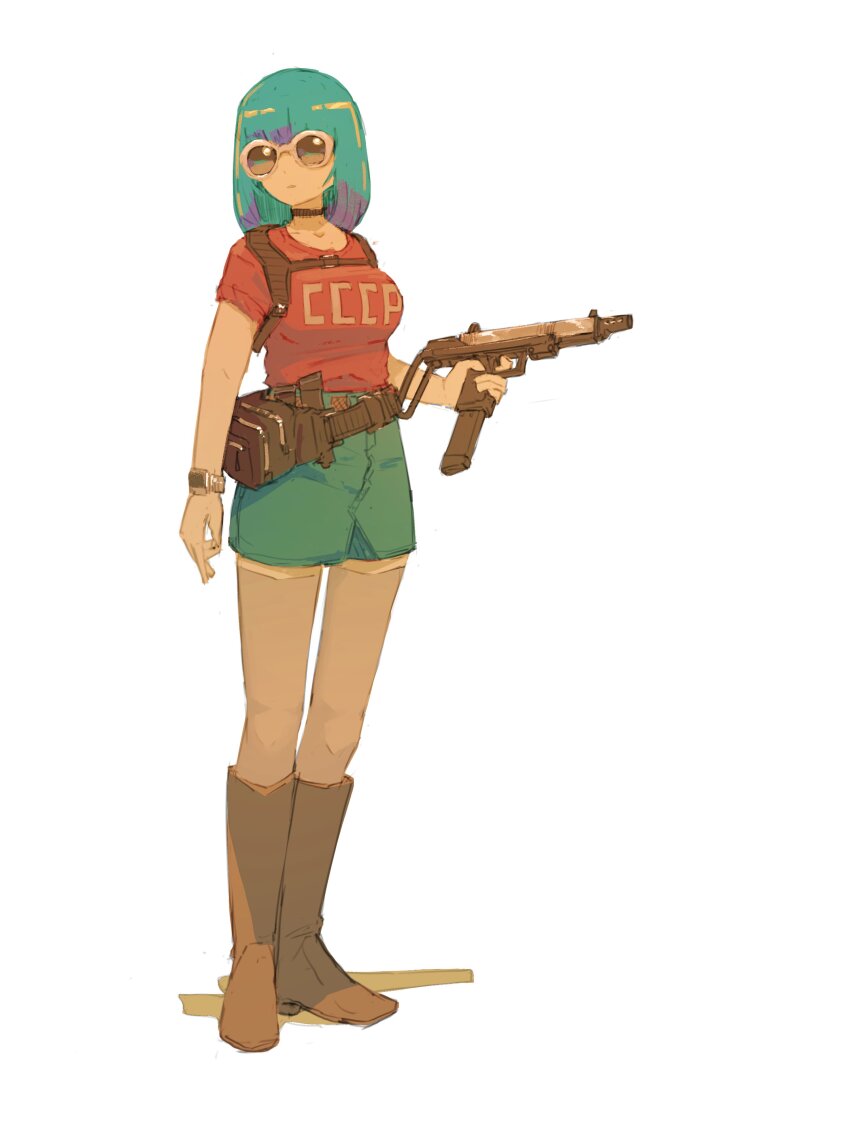 1girl absurdres aqua_hair blue_skirt boots brown_footwear chest_harness extended_magazine fanny_pack finger_on_trigger full_body gun harness highres holding holding_gun holding_weapon knees medium_hair notfuji original red_shirt shirt simple_background skirt solo sunglasses watch weapon white-framed_eyewear white_background wristwatch