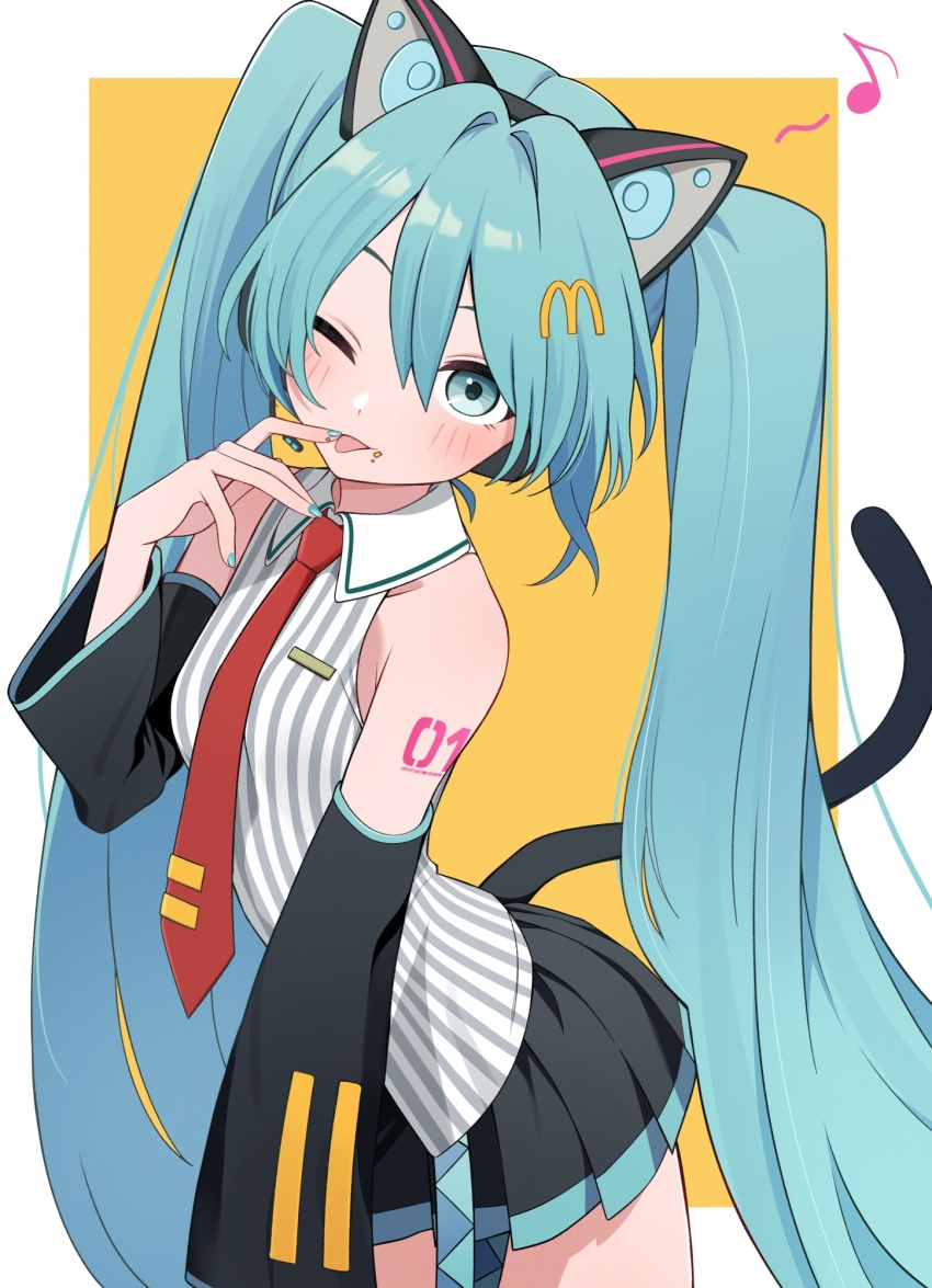 1girl :p animal_ears aqua_eyes aqua_hair aqua_nails arm_tattoo bare_shoulders black_skirt black_sleeves breasts cat_tail closed_mouth commentary_request detached_sleeves eighth_note fake_animal_ears food food_on_face grey_shirt hatsune_miku headset highres hiroikara_(smhong04) long_hair long_sleeves looking_at_viewer mcdonald&#039;s miniskirt musical_note nail_polish necktie one_eye_closed pleated_skirt red_necktie shakacat shirt skirt sleeveless sleeveless_shirt small_breasts solo striped_clothes striped_shirt tail tattoo tongue tongue_out twintails vertical-striped_clothes vertical-striped_shirt very_long_hair vocaloid