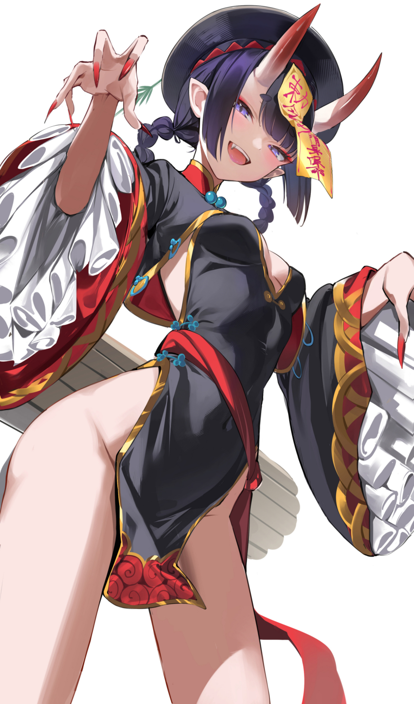 1girl absurdres black_dress black_hat blush braid breasts china_dress chinese_clothes cleavage_cutout clothing_cutout dress eyeliner fate/grand_order fate_(series) frills hair_rings hat highres horns jiangshi long_sleeves looking_at_viewer makeup ofuda oni open_mouth peacock_feathers pelvic_curtain pointy_ears purple_eyes purple_hair qingdai_guanmao short_hair shuten_douji_(fate) shuten_douji_(festival_outfit)_(fate) skin-covered_horns small_breasts smile solo spider_apple talisman thighs twin_braids wide_sleeves