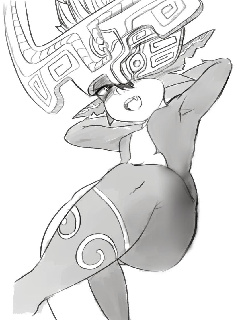 1girl 2019 armpits arms_behind_head ass black_skin blush breasts collarbone colored_skin commentary crossed_legs english_commentary fang fang_out female_focus floating foreshortening from_below gluteal_fold half-closed_eyes head_tilt helmet highres leg_tattoo legs_together looking_at_viewer midna monochrome multicolored_skin navel nintendo no_nipples okappixv one_eye_covered open_mouth pointy_ears short_hair simple_background small_breasts solo straight_hair tattoo the_legend_of_zelda the_legend_of_zelda:_twilight_princess thick_thighs thighs two-tone_skin white_background