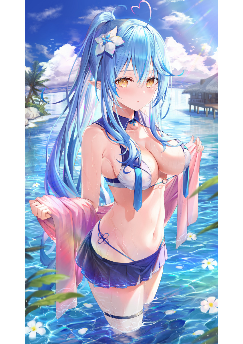 1girl absurdres ahoge bare_shoulders bikini bikini_skirt blue_hair blue_sky blush breasts cleavage cloud cloudy_sky collarbone day floating flower hair_ornament highres hololive long_hair looking_at_viewer medium_breasts navel o-ring ocean outdoors palm_tree parted_lips partially_submerged pointy_ears ponytail rin_yuu scan shiny_skin simple_background skirt sky solo stomach swimsuit thigh_strap thighs tree virtual_youtuber wading water_drop wet yellow_eyes yukihana_lamy