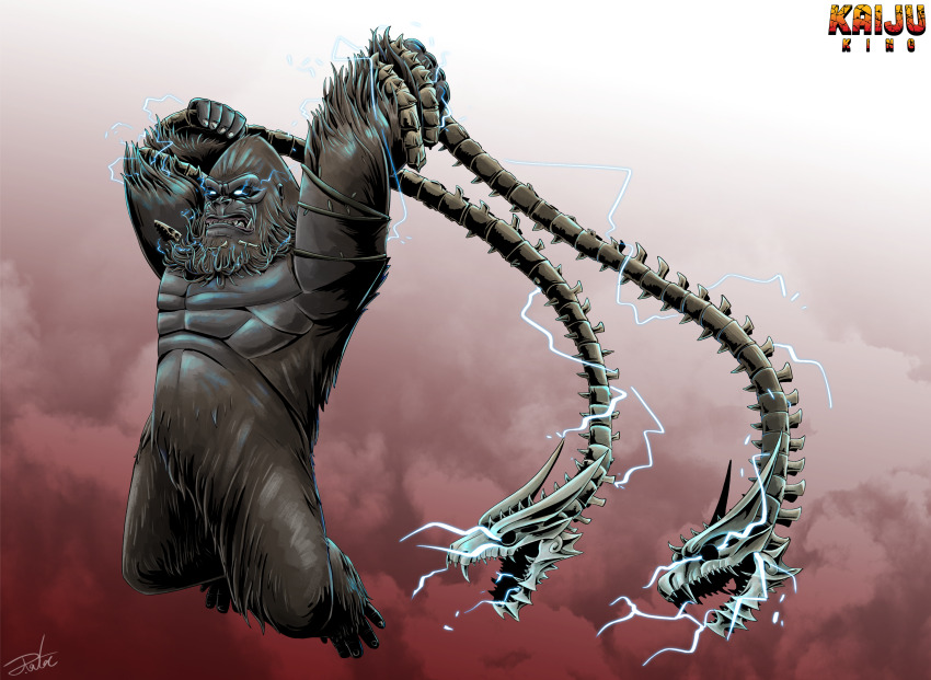 absurdres ape arms_up beard bone bone_weapon clenched_teeth crossover electricity electrokinesis energy english_text facial_hair godzilla:_king_of_the_monsters godzilla_(series) godzilla_vs._kong gorilla gugenheim98 highres holding holding_bone holding_whip horns jumping kaiju king_ghidorah king_kong king_kong_(series) king_kong_vs._godzilla kong:_skull_island legendary_pictures monster monster_focus monsterverse open_mouth plant sharp_teeth signature skull skullcrawler spine teeth toho vines