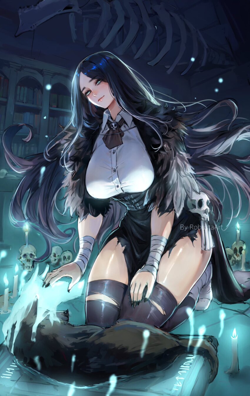 1girl artist_name bandaged_arm bandaged_foot bandages black_dog black_hair black_nails black_neckerchief blue_eyes bookshelf breasts candle closed_mouth collared_shirt commentary corset dog dress_shirt english_commentary feathers fire hand_on_own_thigh highres indoors kneeling large_breasts long_hair looking_down neckerchief original parted_bangs pelvic_curtain robusta_mania shirt skeleton skull smile spirit thighhighs white_shirt