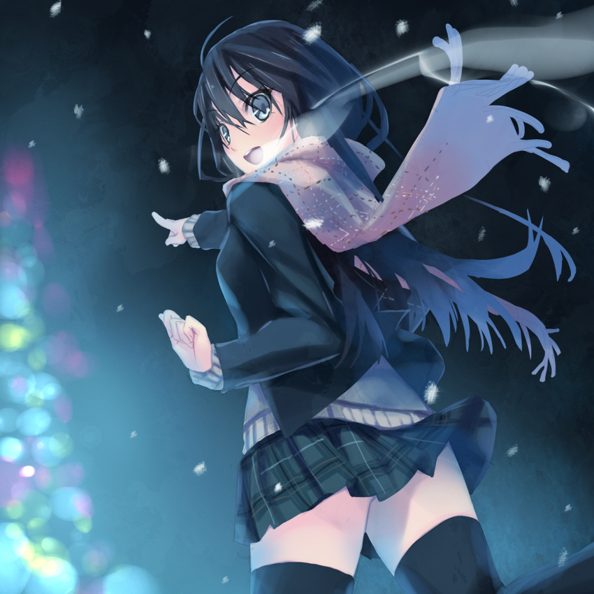 1girl black_hair black_thighhighs blue_eyes blush breath christmas_tree enpera f-ism female_focus from_behind highres long_hair looking_at_viewer murakami_suigun open_mouth original plaid_clothes plaid_skirt pointing scarf skirt smile snow solo sweater thighhighs