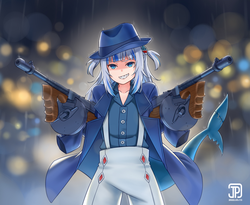 &gt;:) 1girl blue_collar blue_eyes blue_hair blue_hat blue_jacket blue_shirt blunt_bangs blurry blurry_background bokeh buttons collar collarbone commentary dated depth_of_field dual_wielding english_commentary english_text fedora fins fish_tail foregrip gangster gawr_gura grin gun hair_ornament hat highres holding hololive hololive_english jacket jpc long_hair looking_at_viewer mafia multicolored_hair pants rain shark_girl shark_hair_ornament shark_tail sharp_teeth shirt signature sleeves_past_fingers sleeves_past_wrists smile straight-on streaked_hair submachine_gun suit_jacket suspenders tail teeth thompson_submachine_gun twintails upper_body v-shaped_eyebrows virtual_youtuber weapon white_hair white_pants