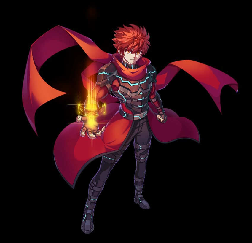 1boy absurdres armor armored_boots black_background black_pants boots capelet chest_armor clenched_hand emiya_shirou fate/stay_night fate_(series) fingerless_gloves full_body gauntlets gloves glowing gt_shoukyou highres neon_trim open_hand orange_hair pants red_capelet red_hair red_scarf scarf short_hair shoulder_armor solo solo_focus yellow_eyes