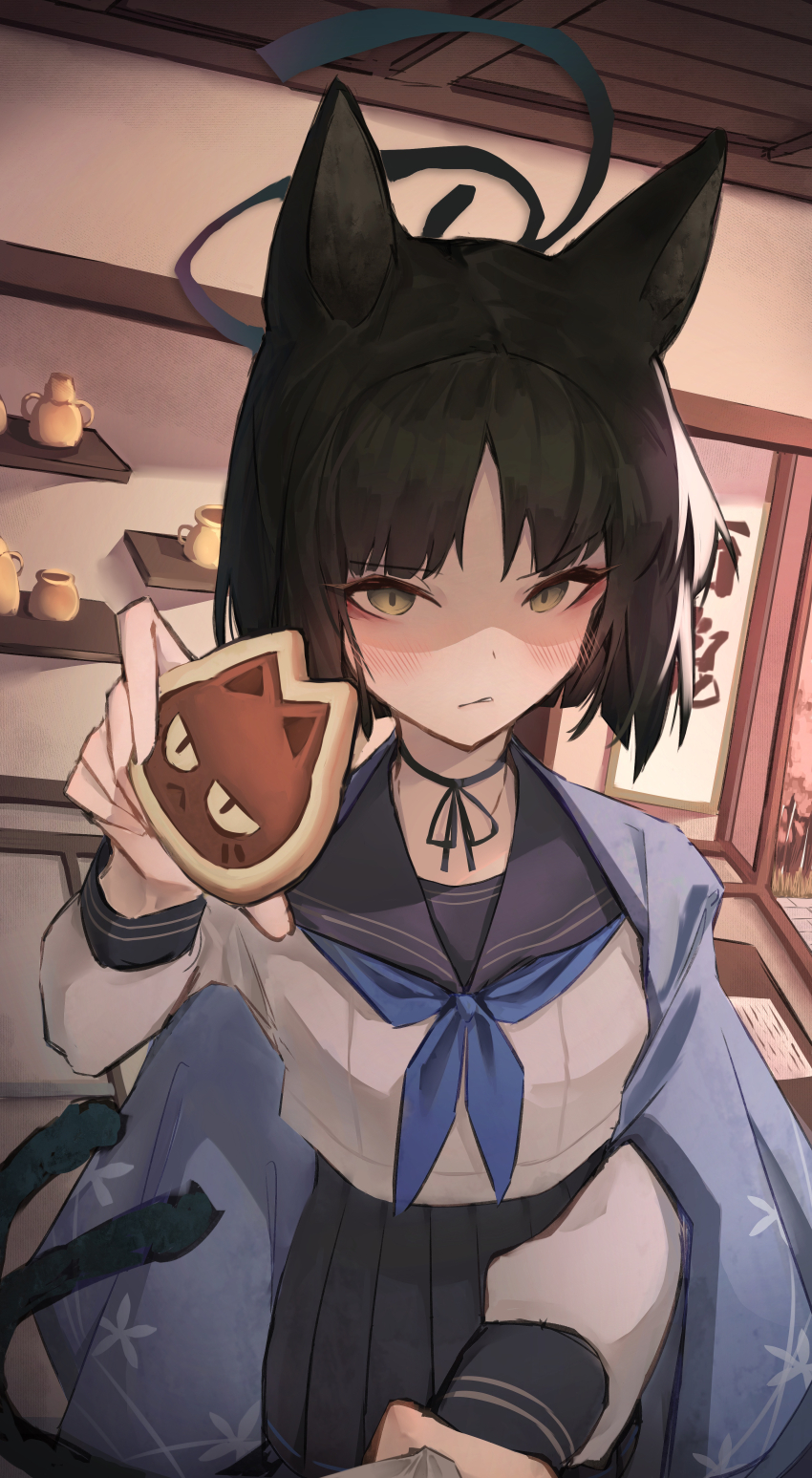 1girl absurdres animal_ears black_choker black_hair blue_archive blue_neckerchief blue_skirt blush cat_ears cat_tail choker closed_mouth commentary food grey_eyes haori hato_(hatotoou) highres holding holding_food incoming_food indoors japanese_clothes kikyou_(blue_archive) long_sleeves looking_at_viewer medium_hair neckerchief pleated_skirt pov school_uniform serafuku shaded_face shirt skirt solo tail white_shirt