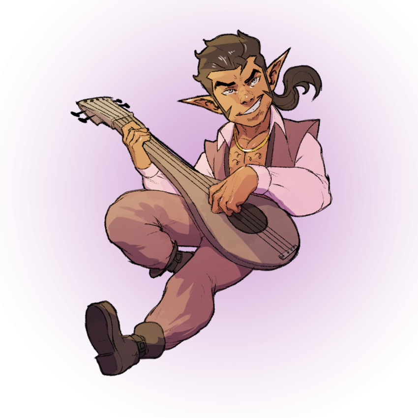 1boy banjo bara black_footwear boots brown_hair brown_pants brown_vest chest_hair collared_shirt full_body gradient_background grey_eyes grin holding holding_instrument instrument long_sleeves male_focus medium_hair pants pectoral_cleavage pectorals pointy_ears ponytail radial_gradient_background scanlan_shorthalt shirt smile solo teeth the_legend_of_vox_machina transparent_background vest white_shirt zenpei