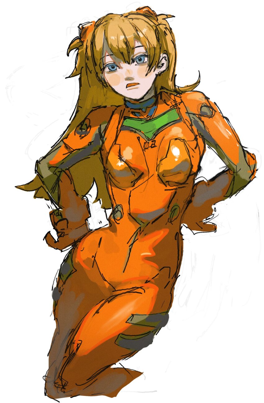 1girl blue_eyes blush bodysuit hair_ornament hairpods highres long_hair looking_at_viewer mecha_pilot_suit neon_genesis_evangelion open_mouth orange_hair plugsuit ponytail red_bodysuit simple_background sketch skin_tight solo souryuu_asuka_langley uu0000322 white_background