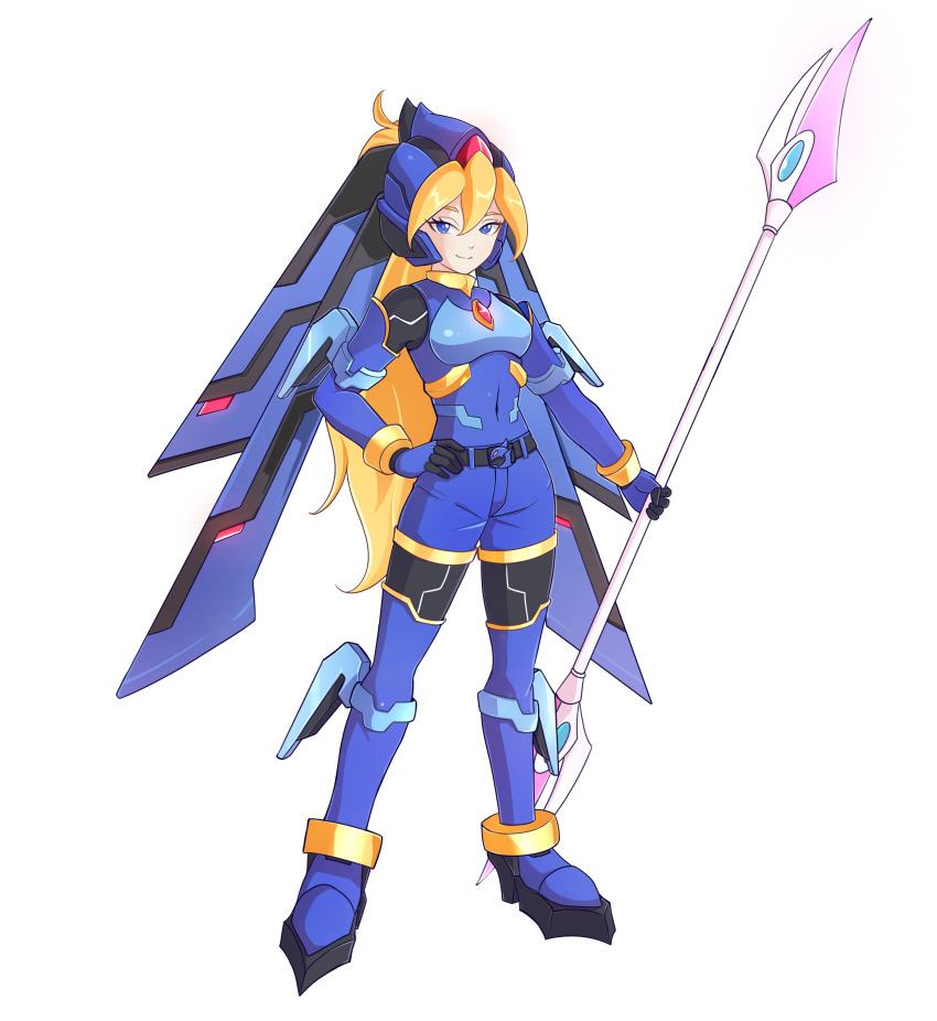 1girl absurdres alternate_costume alternate_hairstyle armor beam_weapon belt blonde_hair blue_eyes bodystocking boots breasts chest_jewel ciel_(mega_man) commission commissioner_upload elbow_gloves energy_blade full_body gloves glowing glowing_eye helmet highres holding holding_polearm holding_weapon long_hair looking_at_viewer mechanical_ears mega_man_(series) mega_man_zero_(series) mega_man_zx model_l_(mega_man) non-web_source polearm ponytail shorts simple_background small_breasts sword thigh_boots transparent_background uta_guipiy weapon