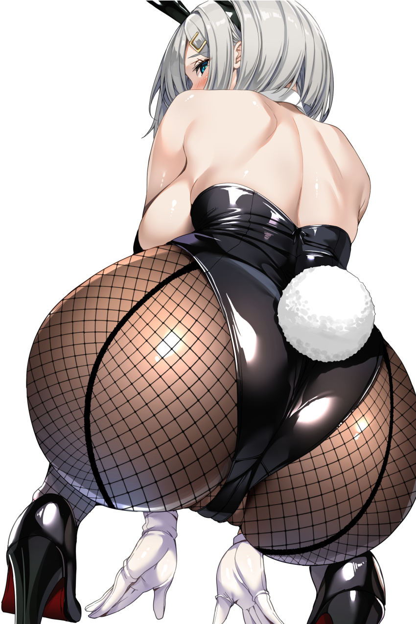 1girl absurdres animal_ears ass ass_focus black_leotard blue_eyes breasts detached_collar fake_animal_ears fake_tail fishnet_pantyhose fishnets grey_hair hair_ornament hair_over_one_eye hairclip hamakaze_(kancolle) highleg highleg_leotard highres kantai_collection leotard multiple_girls pantyhose playboy_bunny rabbit_ears rabbit_tail short_hair sideboob simple_background solo squatting strapless strapless_leotard tail torisan white_background