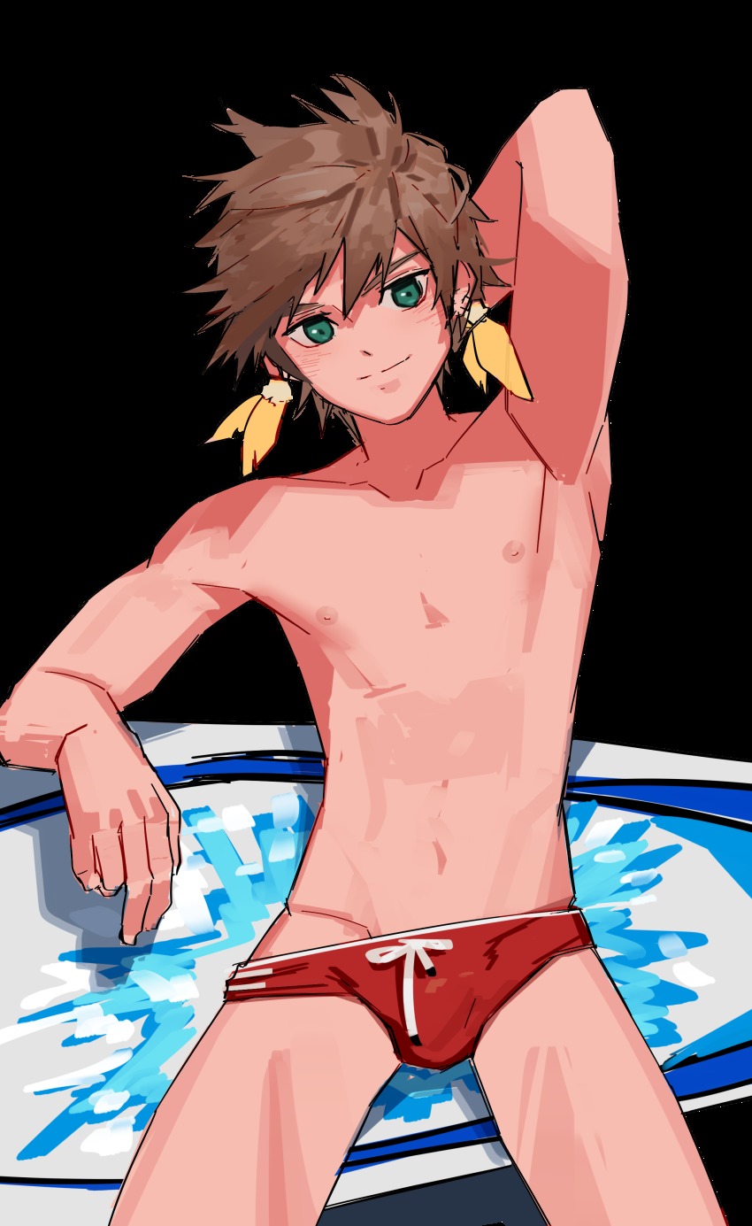 10s 1boy absurdres brown_hair highres male_focus nipples topless_male smile solo sorey_(tales) tales_of_(series) tales_of_zestiria