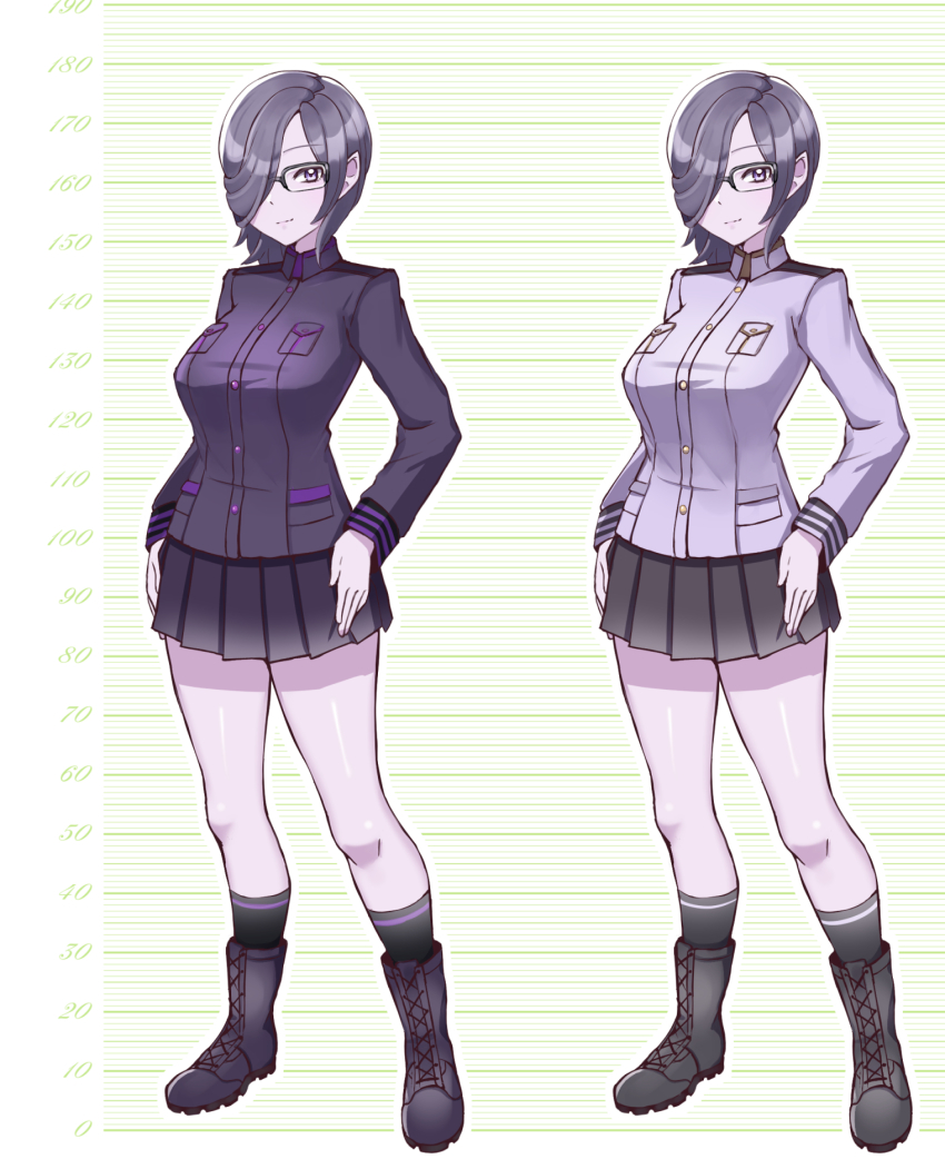 1girl administrator_(crossover_nexus) alternate_costume breasts colored_skin commission crossover_nexus_project crossover_nexus_series glasses highres isekai_monogatari_series large_breasts military military_uniform pointy_ears purple_eyes purple_hair purple_skin short_hair yasu_suupatenin