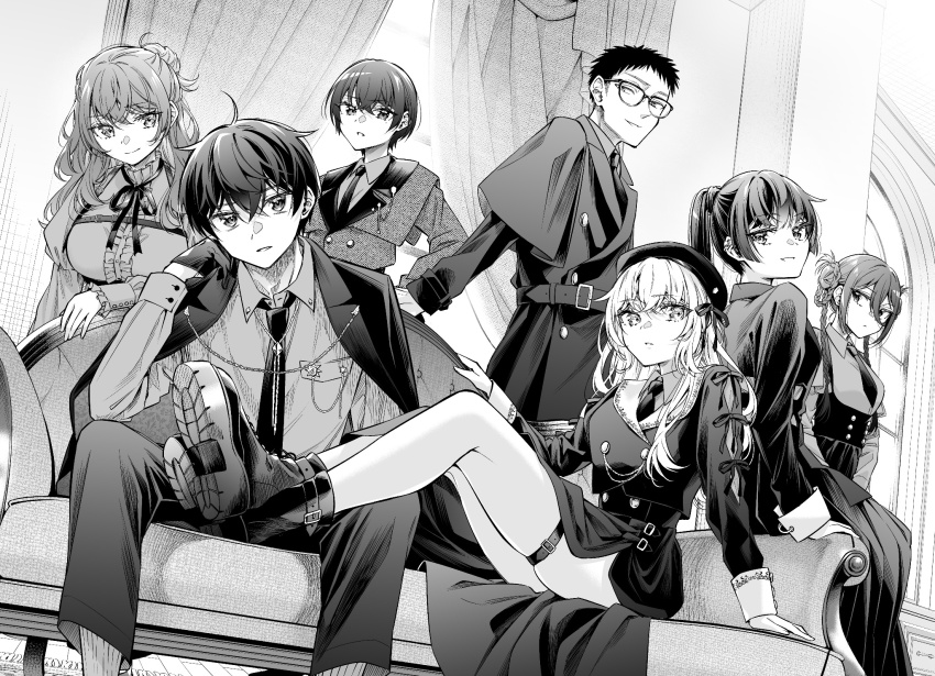 2boys 5girls alisa_mikhailovna_kujou belt belt_buckle beret breasts buckle buttons coat collared_shirt commentary_request couch crossed_bangs double-breasted glasses gloves greyscale hair_between_eyes hair_ribbon hat highres jacket kenzaki_touya kimishima_ayano kuze_masachika large_breasts long_hair looking_at_viewer mariya_mikhailovna_kujou mole mole_under_eye monochrome multiple_boys multiple_girls neck_ribbon necktie official_art on_couch open_clothes open_jacket pants parted_lips ponytail ribbon sarashina_chisaki shirt short_hair sitting smile standing suou_yuki tenacitysaho thigh_strap thighs tokidoki_bosotto_roshia-go_de_dereru_tonari_no_alya-san wing_collar