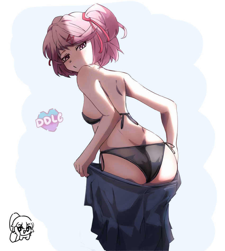 1girl absurdres artist_logo ass bare_shoulders bikini black_bikini blue_background blue_skirt blush bob_cut bra closed_mouth commentary copyright_name doki_doki_literature_club embarrassed from_behind hair_ornament hair_ribbon heart highres leaning_forward looking_at_viewer looking_back narrowed_eyes natsuki_(doki_doki_literature_club) niww_(niwd_3) no_shirt panties pink_eyes pink_hair pink_ribbon pleated_skirt pursed_lips ribbon shaded_face short_hair shoulder_blades side-tie_panties skirt solo spanish_commentary standing strapless strapless_bra swept_bangs swimsuit two-tone_background two_side_up underwear undressing white_background x_hair_ornament