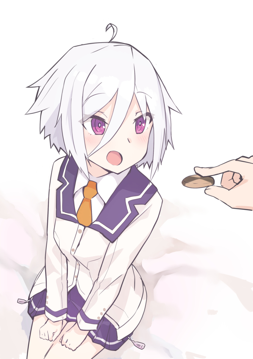 1girl 1other :o absurdres ahoge blush collared_shirt commentary_request cookie feeding food hair_between_eyes highres hitoiki holding holding_cookie holding_food itomi_sayaka jacket long_sleeves necktie open_mouth orange_necktie out_of_frame pleated_skirt purple_eyes purple_sailor_collar purple_skirt renpu_girls_school_uniform sailor_collar school_uniform shirt short_hair simple_background sitting skirt smile solo_focus toji_no_miko white_hair white_shirt winter_uniform