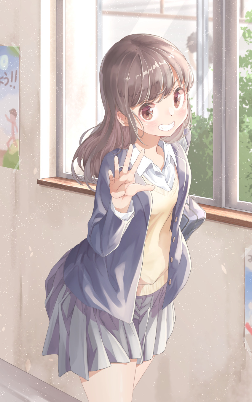 12_graka 1girl absurdres bag blush bookbag brown_eyes brown_hair day hand_up highres indoors original poster_(object) school_uniform smile solo standing sweater_vest window