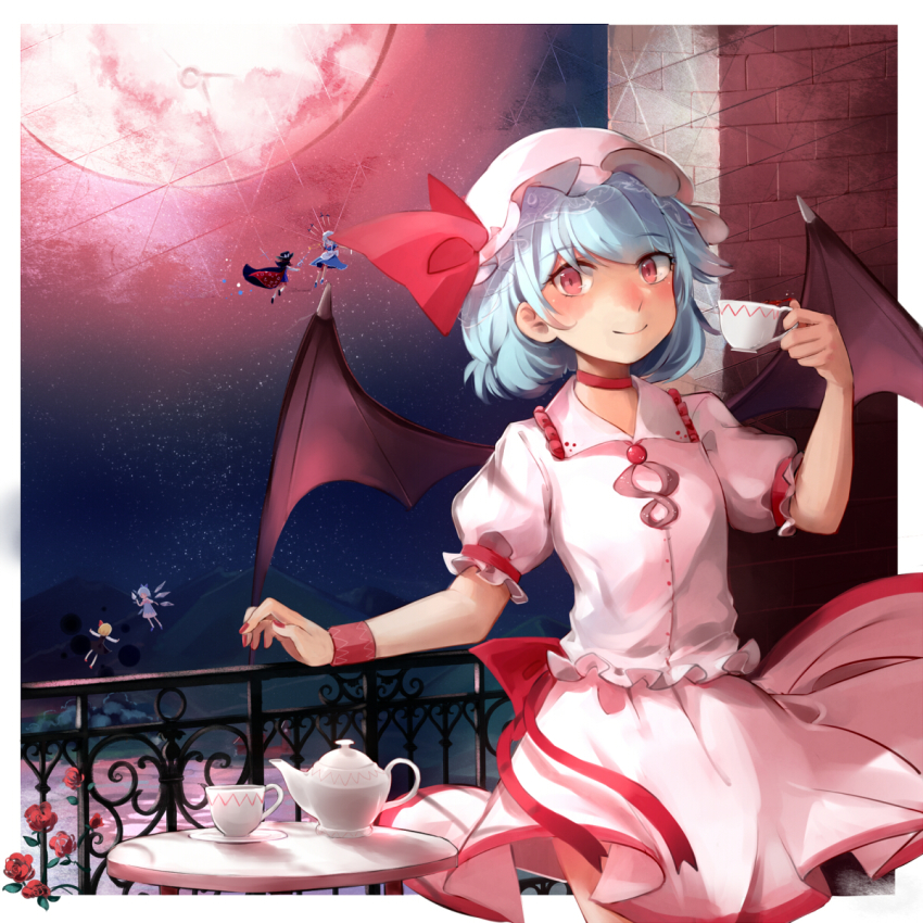 5girls back_bow bat_wings black_wings blue_hair bow brick_wall cirno closed_mouth cup eyelashes fence flying frilled_shirt_collar frilled_sleeves frills full_moon happy hat hat_ribbon highres holding holding_cup izayoi_sakuya mob_cap moon mug multiple_girls night night_sky pink_headwear pink_shirt pink_skirt red_bow red_eyes red_ribbon remilia_scarlet ribbon rumia shirt short_hair skirt sky smile table teapot touhou usami_sumireko wings wrist_cuffs yorktown_cv-5