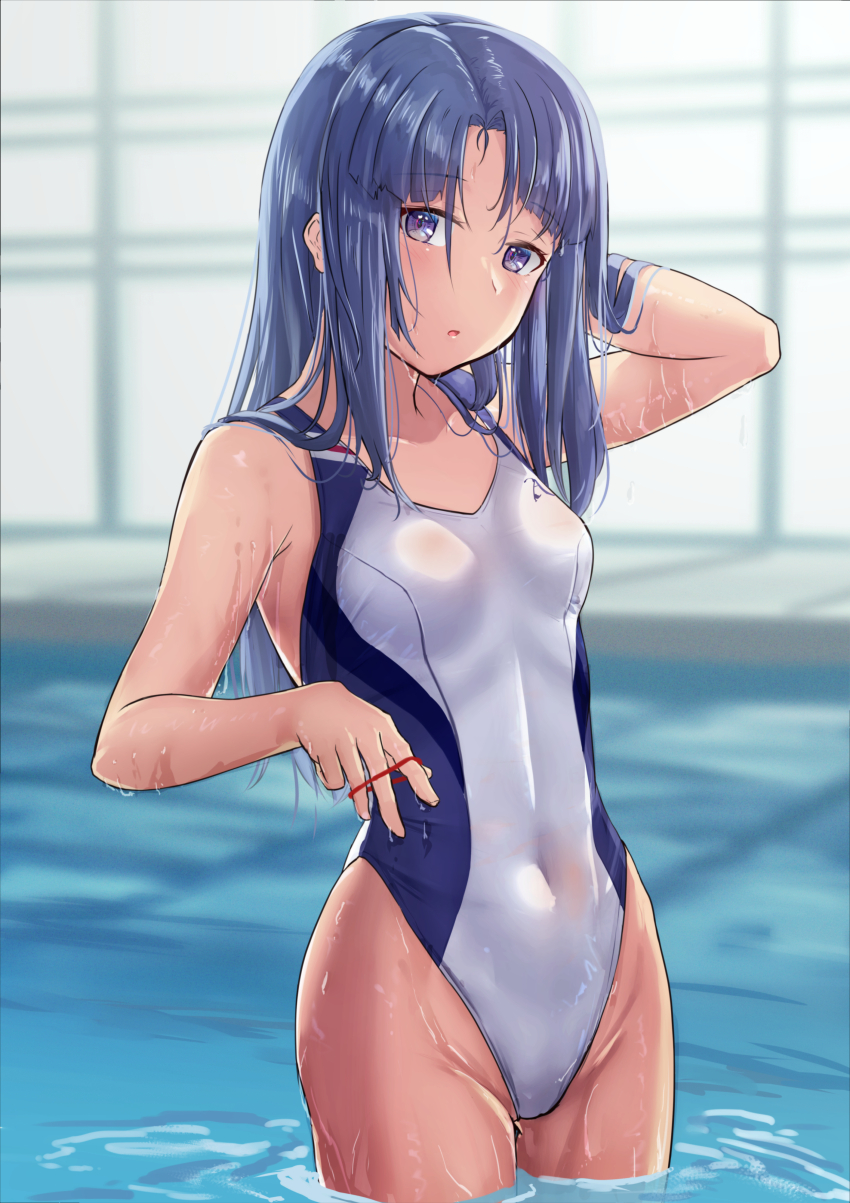 1girl absurdres alice_gear_aegis blue_hair breasts commentary_request competition_swimsuit cowboy_shot highleg highleg_one-piece_swimsuit highres long_hair looking_at_viewer one-piece_swimsuit origami_yakko pool purple_eyes rubber_band small_breasts solo standing swimsuit takanashi_rei two-tone_swimsuit wading water wet wet_clothes wet_swimsuit white_one-piece_swimsuit