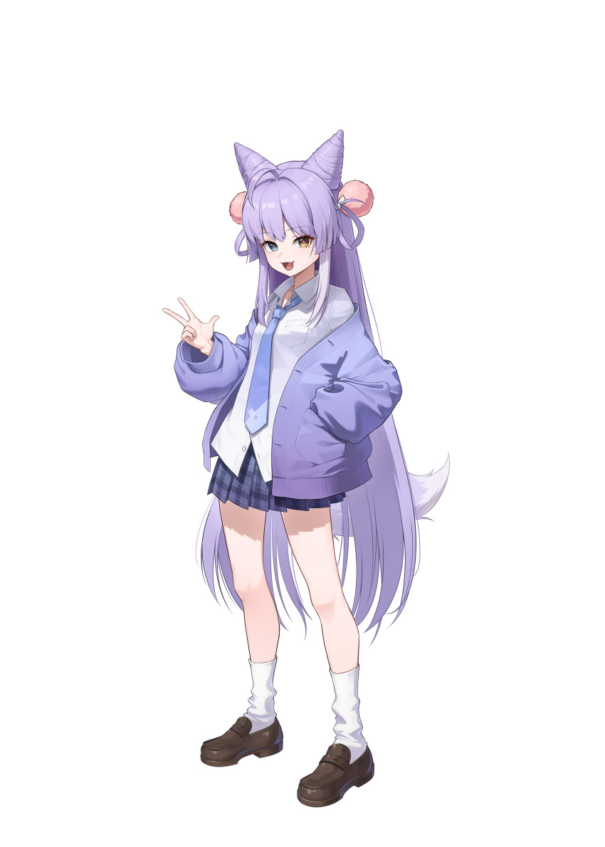 1girl :3 :d absurdres ahoge alternate_costume blue_cardigan blue_eyes blue_necktie blue_skirt breast_pocket breasts brown_eyes brown_footwear cardigan collarbone collared_shirt commentary cone_hair_bun fang fox_tail full_body gradient_cardigan hair_bun hair_intakes hair_ornament hair_rings hand_in_pocket hand_up heterochromia highres korean_commentary light_blush loafers long_hair long_sleeves looking_at_viewer looking_to_the_side loose_necktie loose_socks lower_teeth_only miniskirt mismatched_pupils multicolored_hair necktie off_shoulder open_cardigan open_clothes open_collar open_mouth partially_unbuttoned pistacho0101 plaid_clothes plaid_skirt pleated_skirt pocket pom_pom_(clothes) pom_pom_hair_ornament puffy_long_sleeves puffy_sleeves purple_cardigan purple_hair purple_tail school_uniform shirt shoes sidelocks sideways_glance simple_background skirt small_breasts smile socks solo standing star_(symbol) stellive straight_hair tail teeth tenko_shibuki thick_eyelashes three_quarter_view two-tone_hair untucked_shirt very_long_hair virtual_youtuber w white_background white_hair white_shirt white_socks