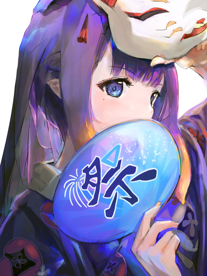 1girl blue_eyes fox_mask hand_fan highres hololive hololive_english japanese_clothes kimono long_hair mask mask_on_head mole mole_under_eye ninomae_ina&#039;nis ninomae_ina&#039;nis_(new_year) portrait purple_hair simple_background solo tallgeese_(lgeesel) virtual_youtuber white_background