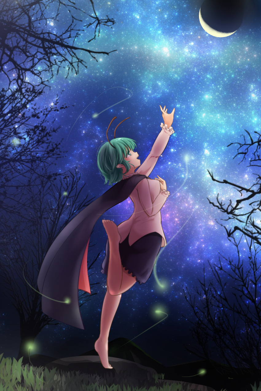 1girl absurdres adda alternate_costume antennae arm_up bare_legs bare_tree barefoot black_cape black_shorts blouse breasts cape commentary_request crescent_moon female_focus fireflies frilled_shorts frilled_sleeves frills from_side grass green_eyes green_hair hand_on_own_chest highres leg_lift long_sleeves looking_up medium_breasts moon night night_sky open_mouth outdoors outstretched_arm pink_shirt pointy_ears profile reaching rock shirt short_hair shorts sky solo standing standing_on_one_leg star_(sky) starry_sky teeth tiptoes touhou tree untucked_shirt upper_teeth_only wriggle_nightbug