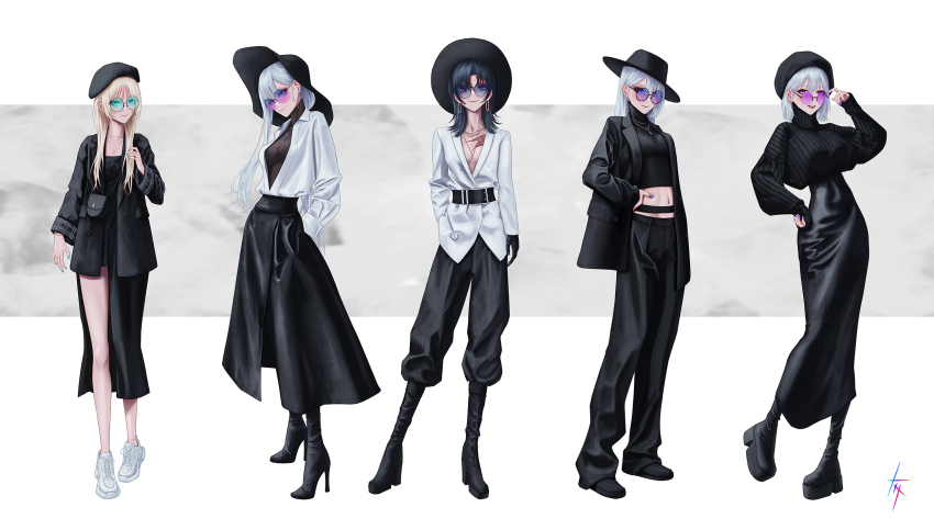 5girls ak-12_(girls&#039;_frontline) ak-15_(girls&#039;_frontline) alternate_costume an-94_(girls&#039;_frontline) angelia_(girls&#039;_frontline) aqua-tinted_eyewear aqua_eyes aqua_nails belt beret black_belt black_eyes black_hair black_hat black_jacket black_pants black_skirt blonde_hair blue_eyes blue_nails boots breasts breasts_apart closed_mouth collarbone collared_shirt commentary defy_(girls&#039;_frontline) dindsau earrings english_commentary full_body girls&#039;_frontline glasses grey_hair hand_in_pocket hand_on_own_hip hand_up hat high_heels highres jacket jewelry long_hair long_skirt looking_at_viewer mechanical_arms midriff multiple_girls navel necklace open_mouth pants pink-tinted_eyewear platform_boots platform_footwear platform_heels purple-tinted_eyewear purple_eyes purple_nails round_eyewear rpk-16_(girls&#039;_frontline) scar scar_on_chest shirt shoes short_hair simple_background single_mechanical_arm skirt smile sneakers standing sun_hat sunglasses teeth tinted_eyewear tongue tongue_out upper_teeth_only white_footwear white_jacket white_shirt