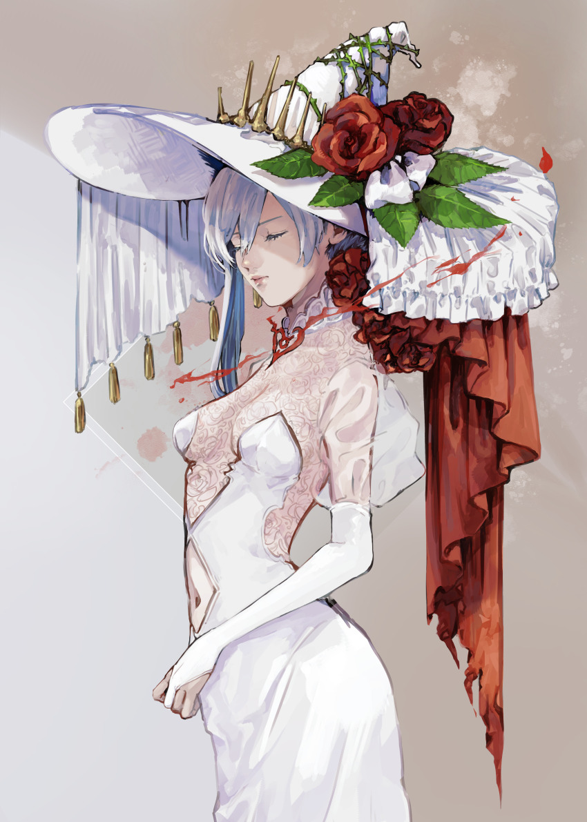 1girl absurdres alternate_costume bad_id bad_pixiv_id breasts choker cleavage closed_eyes closed_mouth clothing_cutout elbow_gloves flower gloves hair_bun hat headdress highres medium_breasts navel navel_cutout petals plant red_flower red_rose rose rose_petals s_t_e_r_n short_hair sidelocks simple_background single_hair_bun sinoalice snow_white_(sinoalice) solo vines white_gloves white_hair witch witch_hat