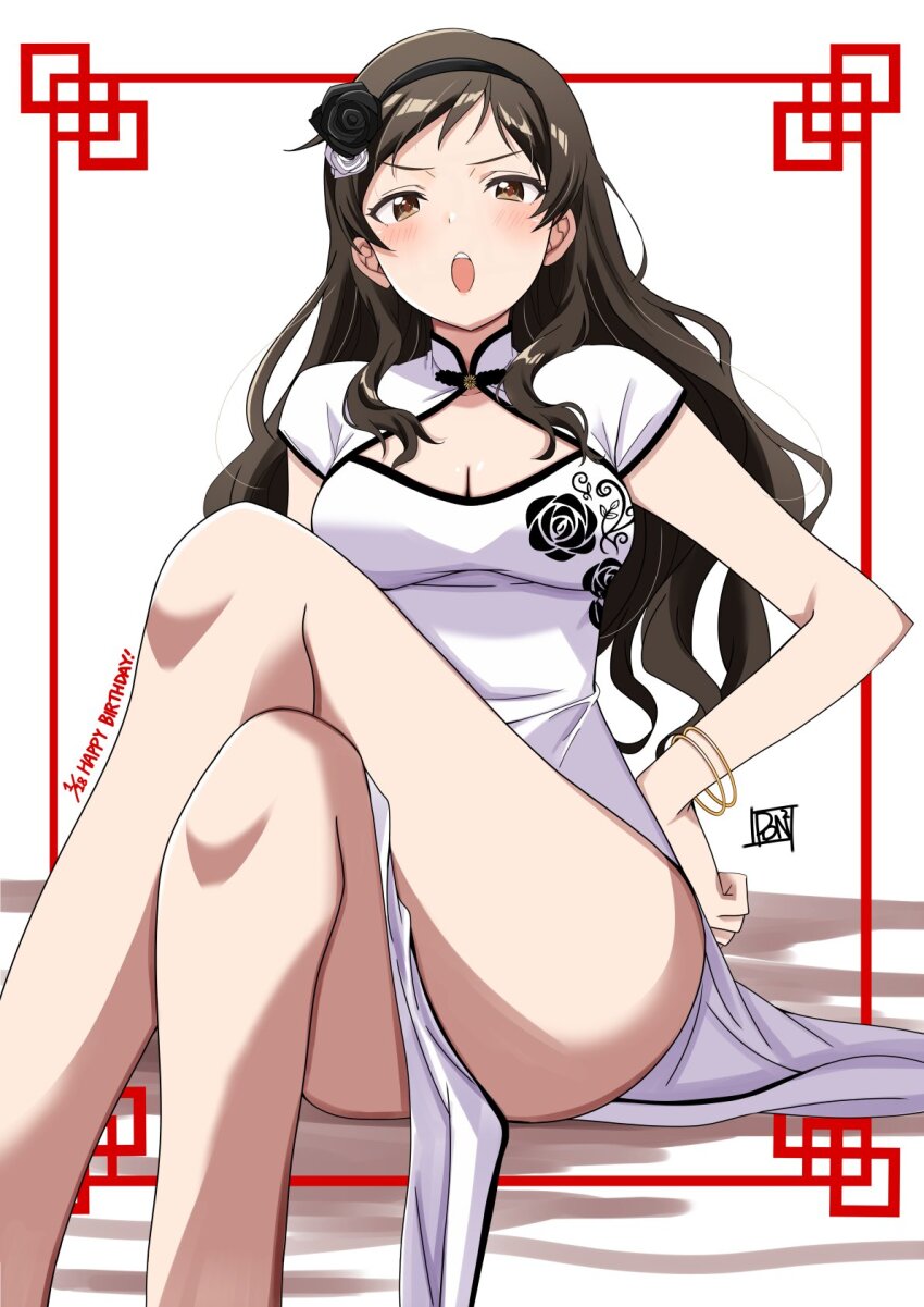 1girl :o black_flower black_hair black_rose blush bracelet breasts brown_eyes china_dress chinese_clothes cleavage cleavage_cutout clothing_cutout crossed_legs dated dress eyelashes feet_out_of_frame floral_print_dress flower hair_flower hair_ornament hair_over_shoulder hand_on_own_hip happy_birthday highres idolmaster idolmaster_million_live! idolmaster_million_live!_theater_days jewelry kitazawa_shiho large_breasts long_hair looking_at_viewer open_mouth parted_bangs ponpon rose short_sleeves signature sitting solo teeth thighs upper_teeth_only v-shaped_eyebrows wavy_hair white_background white_dress