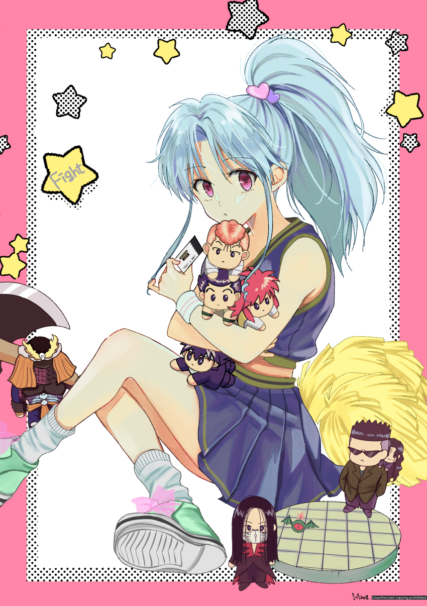 1girl absurdres bare_arms blue_hair blue_shirt blue_skirt botan_(yu_yu_hakusho) character_doll character_request cheerleader green_footwear hair_intakes hair_ornament heart heart_hair_ornament hiei_(yu_yu_hakusho) high_ponytail highres holding kurama_(yu_yu_hakusho) kuwabara_kazuma minato_x3710 miniskirt parted_lips pleated_skirt pom_pom_(cheerleading) red_eyes shirt short_hair sitting skirt sleeveless sleeveless_shirt socks solo toguro_ani toguro_otouto urameshi_yusuke white_socks wristband yuu_yuu_hakusho