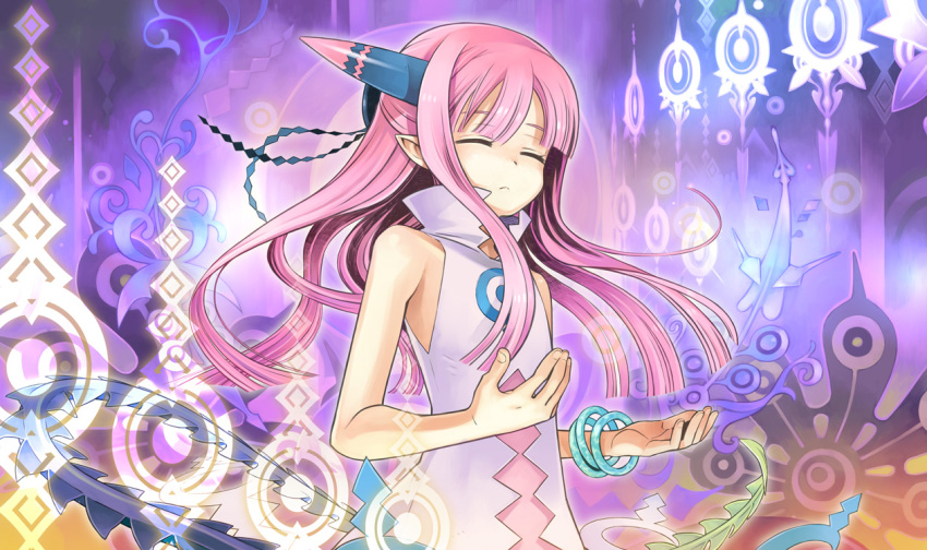 1girl bangle bracelet closed_eyes dress female_focus game_cg jewelry long_hair milreaf pink_hair pointy_ears sleeveless sleeveless_dress solo summon_night summon_night_4