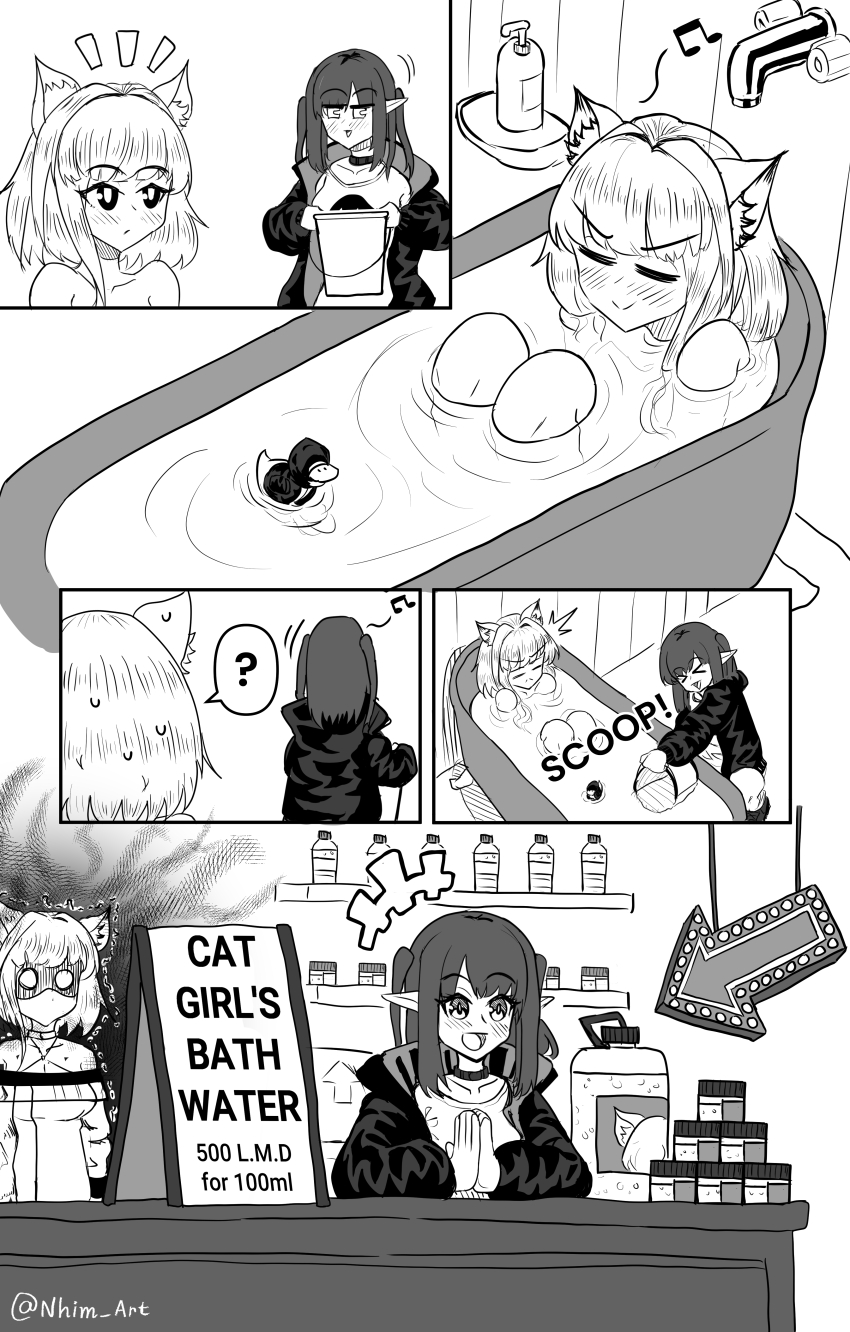 &gt;_&lt; 2girls :d =_= ? absurdres angry animal_ears arknights bare_shoulders bathing bathtub blush breasts cat_ears cat_girl choker closed_eyes closure_(arknights) coat comic commentary english_commentary english_text highres humming indoors kal&#039;tsit_(arknights) long_hair medium_breasts medium_hair multiple_girls musical_note nhim nude o_o open_mouth own_hands_together resting rubber_duck shirt shop smile spoken_musical_note spoken_question_mark surprised trembling