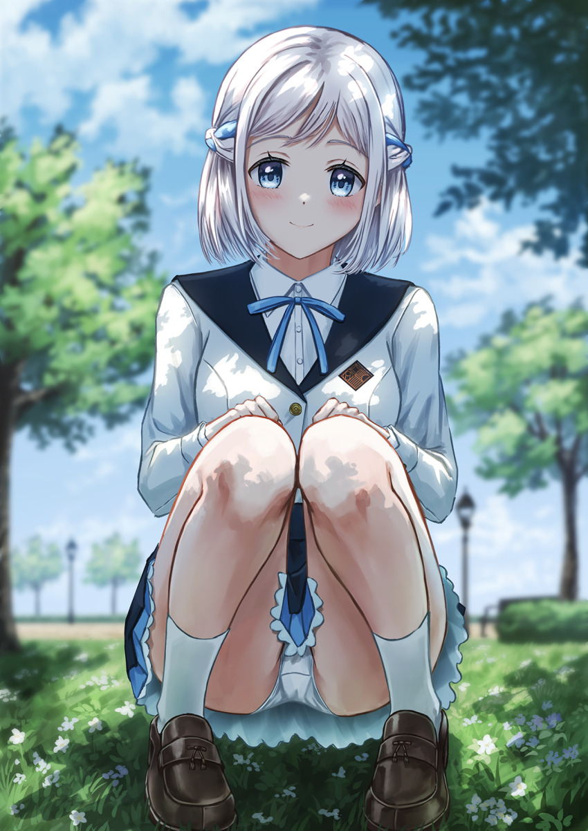 1girl blue_eyes blue_ribbon blue_sky blurry blurry_background blush brown_shoes closed_mouth cloud day gakuen_idolmaster grass grey_hair hair_ribbon half_up_braid hands_on_own_knees highres idolmaster jacket katsuragi_lilja light_smile loafers looking_at_viewer neck_ribbon outdoors panties pantyshot park rapnit ribbon ribbon_braid shirt shoes short_hair sky smile socks solo split_mouth squatting tareme tree underwear variant_set white_jacket white_panties white_shirt white_socks