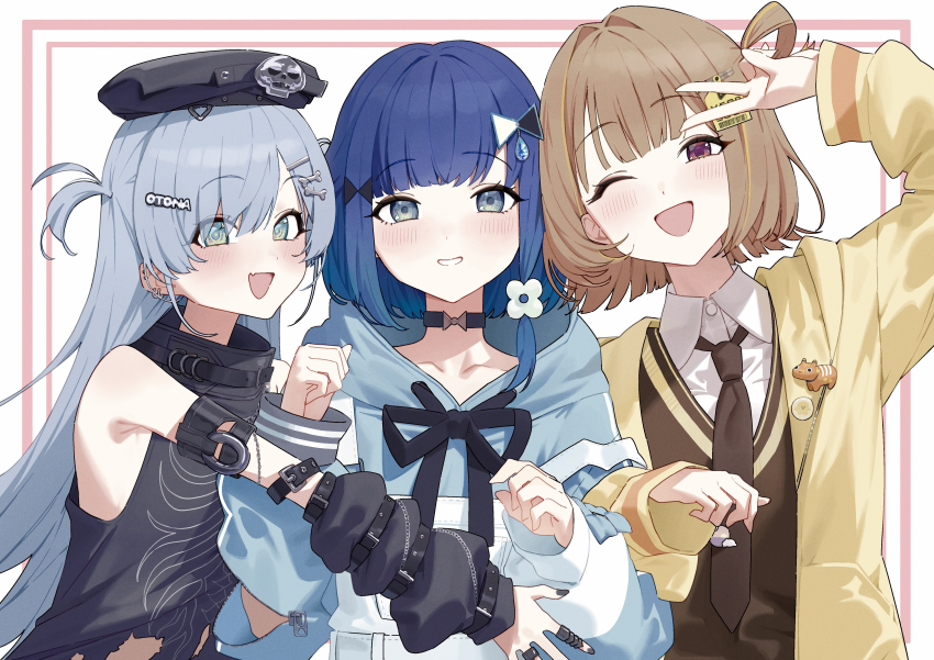 3girls absurdres aqua_eyes black_choker black_hat black_necktie black_ribbon black_shirt black_vest blue_hair blue_shirt blush brown_hair choker collared_shirt detached_sleeves earrings fang grey_eyes grey_hair hair_ornament hat highres jacket jewelry long_hair long_sleeves looking_at_viewer multiple_girls neck_ribbon necktie one_eye_closed open_mouth red_eyes ribbon sendo_yuuhi shirt sleeveless tsumugi_kokage v vest virtual_youtuber vspo! white_shirt yano_kuromu yellow_jacket yu_(ba9ama)