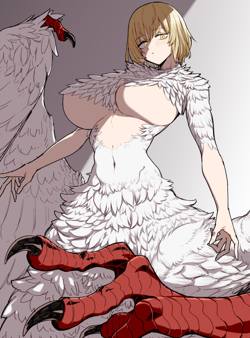 1girl absurdres blonde_hair blush body_fur breasts centauroid chimera claws commentary_request cowboy_shot dungeon_meshi falin_touden falin_touden_(chimera) feathered_wings feathers hair_between_eyes highres large_breasts looking_at_viewer monster_girl navel parted_lips partial_commentary red_scales short_hair sidelocks solo standing standing_on_three_legs taur underboob white_feathers wings yellow_eyes yutorin_kakka