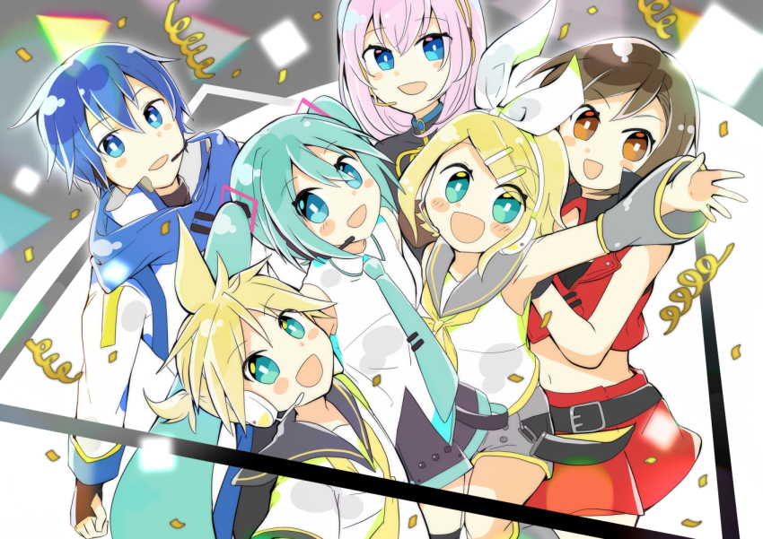 2boys 4girls 7:24 aqua_eyes aqua_hair blonde_hair blue_eyes blue_hair blue_scarf blush bright_pupils brown_eyes brown_hair confetti crop_top detached_sleeves hair_between_eyes hair_ornament hair_ribbon hairclip hatsune_miku headphones headset kagamine_len kagamine_rin kaito_(vocaloid) long_hair looking_at_viewer megurine_luka meiko_(vocaloid) midriff multiple_boys multiple_girls necktie open_mouth pink_hair ribbon scarf shirt short_hair shorts simple_background skirt sleeveless smile twintails very_long_hair vocaloid white_pupils