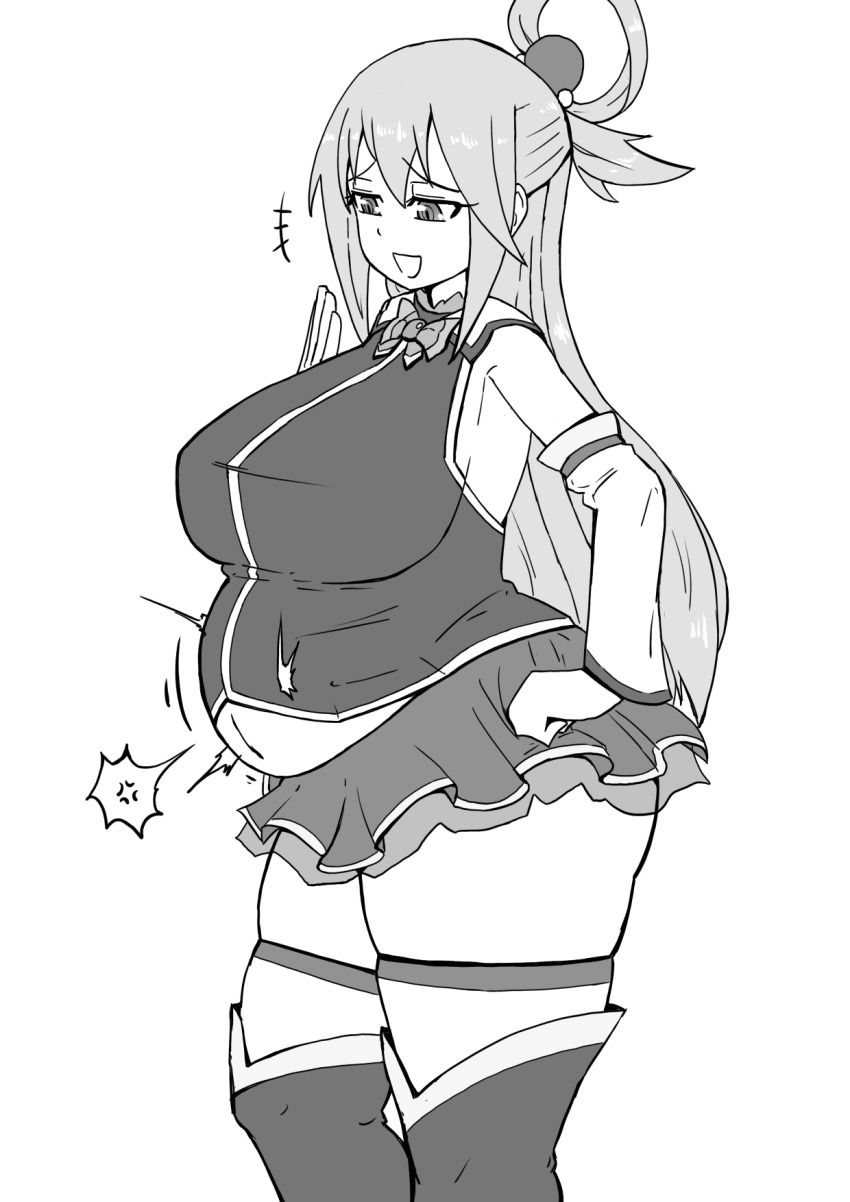 1girl aqua_(konosuba) ass belly bigger_female boots breasts detached_sleeves dress female_focus greyscale hair_ornament hand_on_own_hip heart kono_subarashii_sekai_ni_shukufuku_wo! koshi_80 large_breasts long_hair long_sleeves minigiantess miniskirt monochrome no_panties satou_kazuma size_difference skirt smaller_boy smile smug standing thick_thighs thigh_boots thighhighs thighs vore