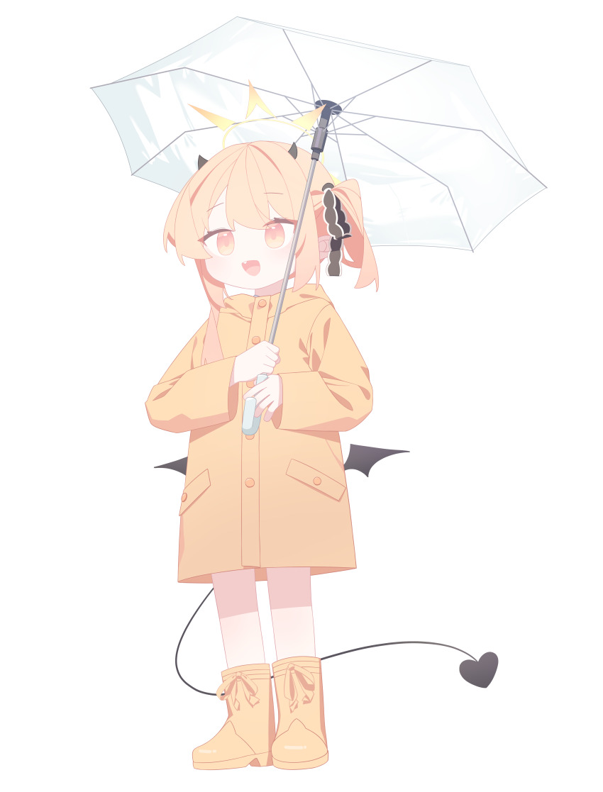 1girl absurdres aimpoleume black_horns black_tail black_wings blonde_hair blue_archive boots buttons demon_horns demon_tail demon_wings fang full_body highres holding holding_umbrella horns ibuki_(blue_archive) long_hair long_sleeves open_mouth raincoat rubber_boots side_ponytail simple_background smile solo tail umbrella white_background wings yellow_eyes yellow_footwear yellow_raincoat