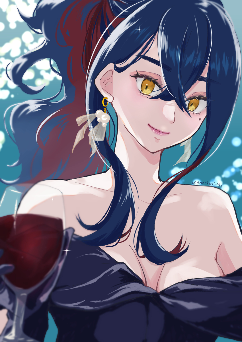 1girl absurdres bare_shoulders black_dress black_hair carmine_(pokemon) colored_inner_hair creatures_(company) crossed_bangs cup demekin2333 dress eyelashes game_freak glasses gloves hair_between_eyes highres holding holding_cup long_hair looking_at_viewer mole mole_under_eye multicolored_hair nintendo pokemon pokemon_sv ponytail red_hair smile two-tone_hair yellow_eyes