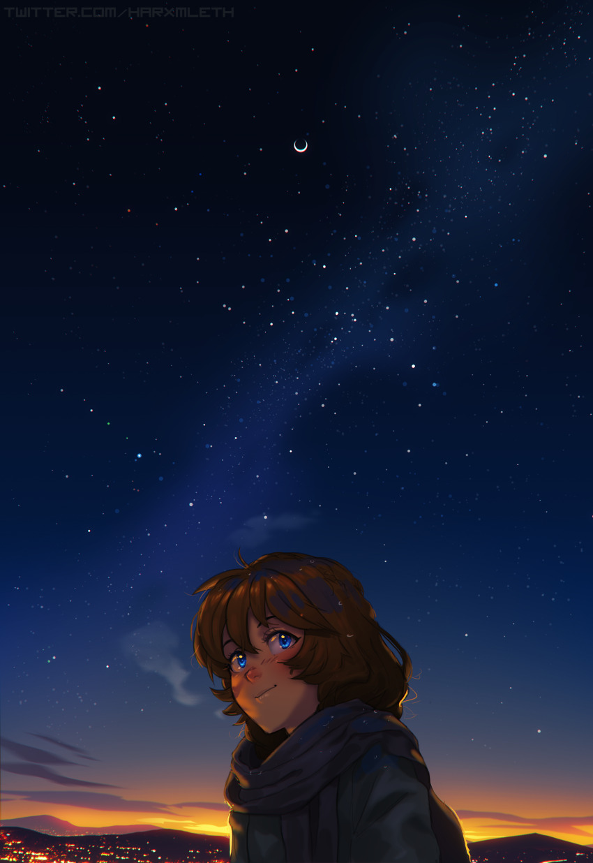 1girl absurdres blue_eyes brooke_(mleth) brown_hair commentary dawn eclipse english_commentary highres landscape light_smile lunar_eclipse milky_way mleth moon night night_sky original outdoors scarf sky solo star_(sky) starry_sky upper_body