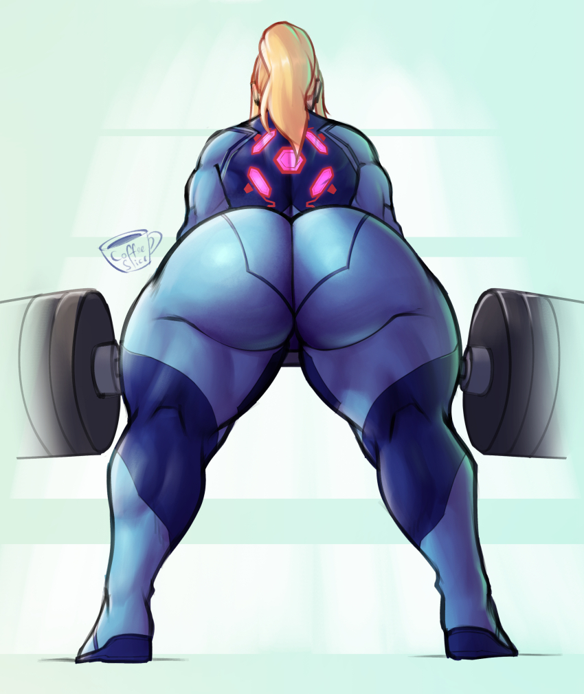 1girl absurdres alternate_ass_size alternate_muscle_size ass barbell blonde_hair blue_bodysuit bodysuit breasts coffeeslice deadlift exercising from_behind full_body highres huge_ass huge_breasts metroid muscular muscular_female nintendo ponytail samus_aran skin_tight solo thick_thighs thighs wide_sleeves zero_suit