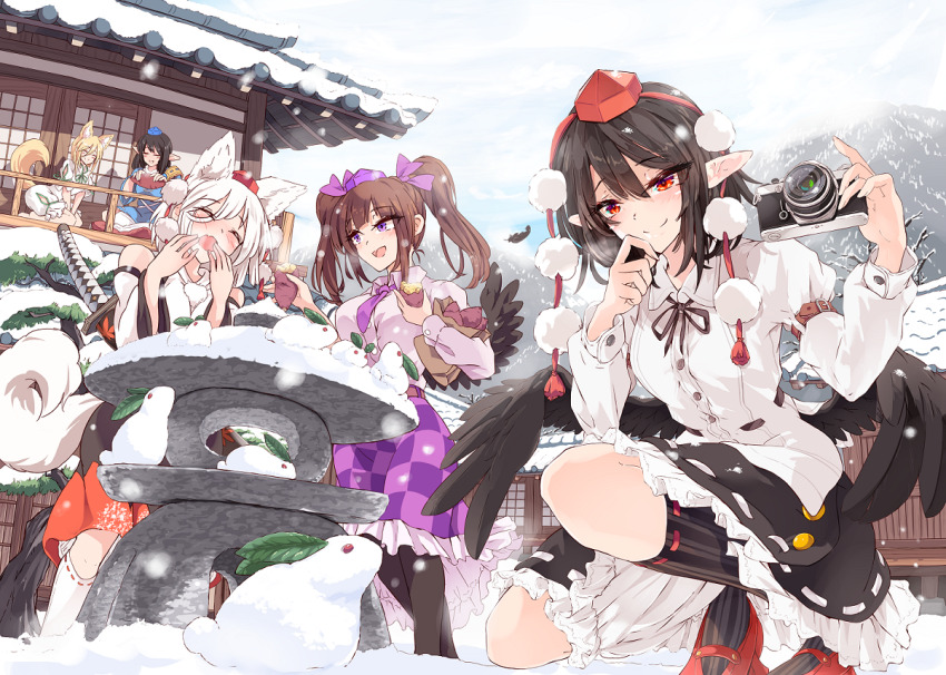 5girls animal_ears black_hair fox_ears hat himekaidou_hatate iizunamaru_megumu inubashiri_momiji kagami_toufu kudamaki_tsukasa multiple_girls shameimaru_aya shirt snowing tokin_hat touhou twintails white_hair white_shirt winter wolf_ears wolf_girl