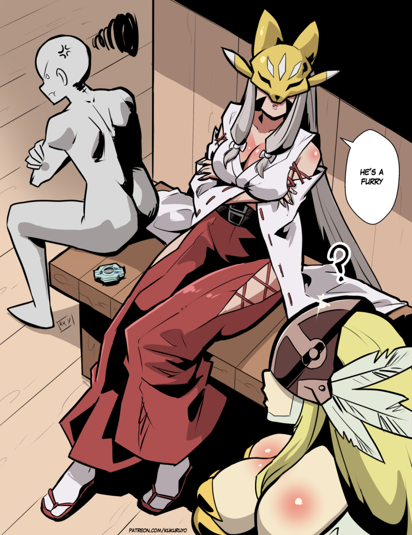 ? anger_vein angewomon bare_shoulders bench blonde_hair breasts cleavage crossed_arms digimon digimon_(creature) digivice english_text fox_mask grey_hair hakama head_wings helmet highres japanese_clothes kukuruyo large_breasts long_hair mask pants red_hakama red_pants sakuyamon sakuyamon:_miko_mode sitting winged_helmet wings