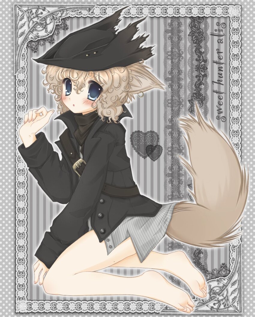 1other 2000s_(style) alice_(frilldevil) androgynous animal_ears black_coat black_hat blonde_hair bloodborne blue_eyes blush coat commentary curly_hair english_commentary hat heart highres hunter_(bloodborne) lace_background looking_at_viewer other_focus outline short_hair shoulder_belt sitting solo tail white_outline