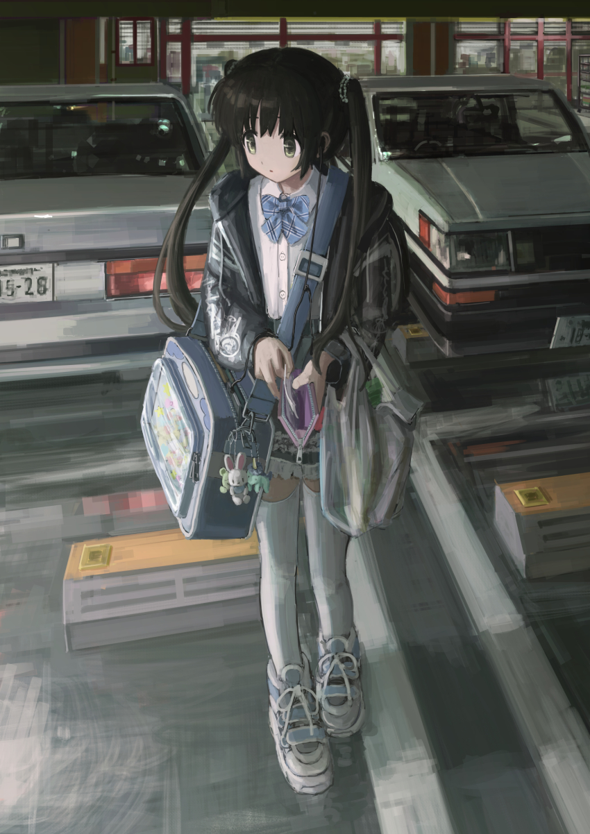 1girl anbiyori bag black_hair blazer bow bowtie car convenience_store grey_car highres itabag jacket long_hair long_sleeves motor_vehicle original plastic_bag school_uniform shirt shop shoulder_bag skirt solo toyota toyota_sprinter_trueno twintails wallet