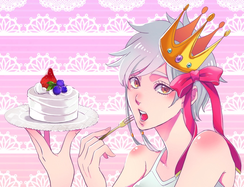 1girl 2024 anno_im bare_shoulders bleach blueberry bow brown_eyes cake camisole close-up commentary_request dated_commentary eyelashes food fork from_side frown fruit grey_hair hair_bow hair_ribbon hands_up highres holding holding_plate kotetsu_isane light_blush looking_at_viewer open_mouth pink_background plate red_bow red_ribbon ribbon sanpaku short_hair simple_background solo spiked_hair strawberry teeth thick_eyebrows tongue tsurime white_camisole