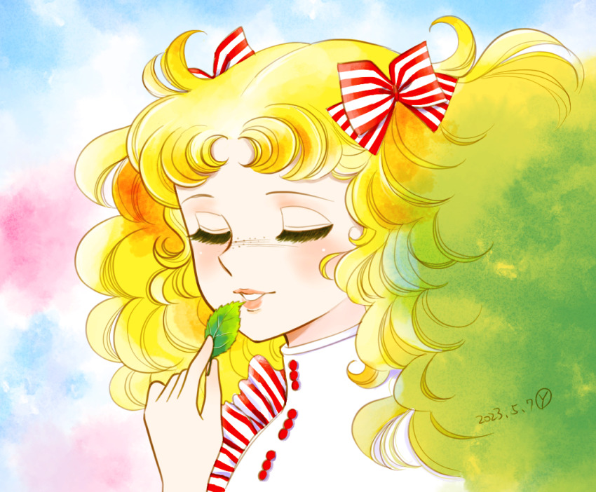 1girl blonde_hair bow candice_white_ardlay candy_candy_(series) closed_eyes dated facing_viewer freckles hair_bow holding holding_leaf leaf lipstick long_hair makeup sakai_yume solo upper_body