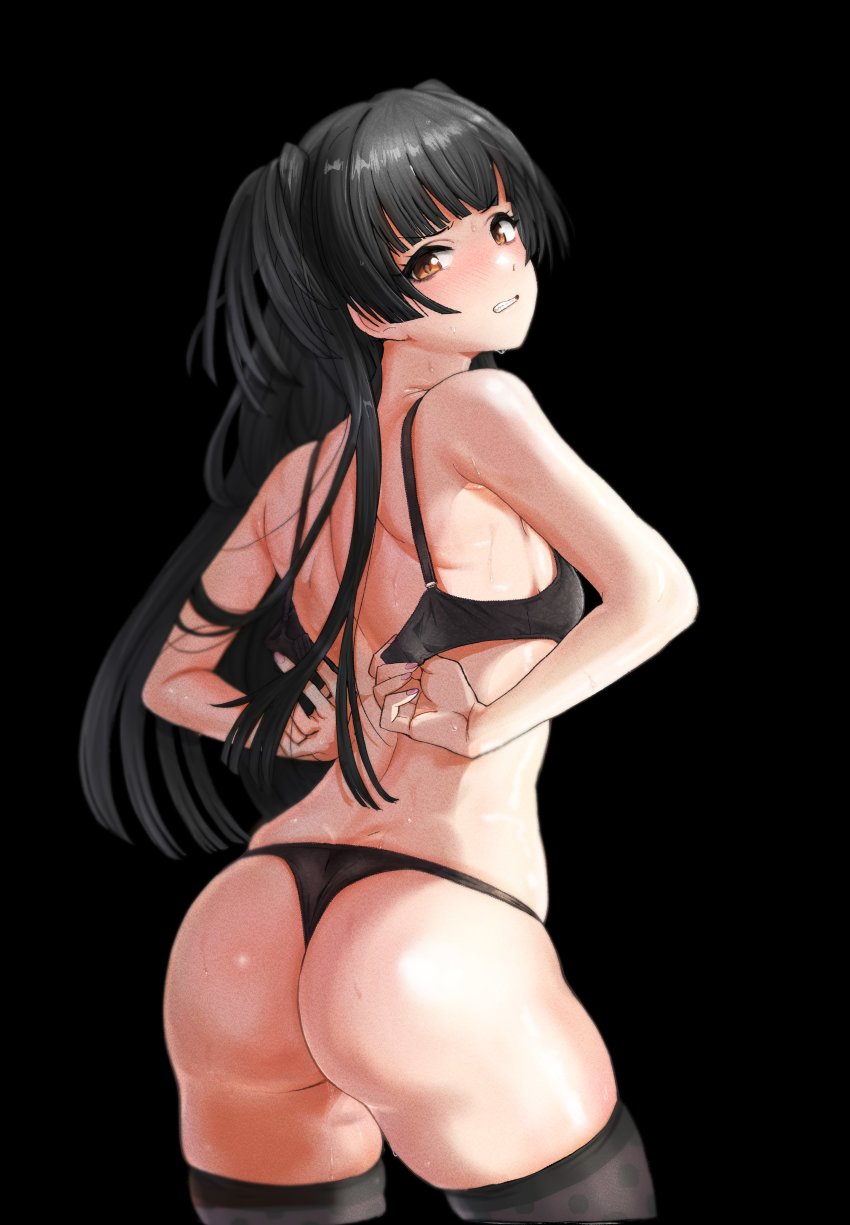 1girl absurdres ass asteria_(driftingprhp) backbone black_background black_bra black_hair black_panties blunt_bangs blunt_ends bra cowboy_shot frown highres holding holding_bra holding_underwear holding_unworn_clothes idolmaster idolmaster_shiny_colors looking_at_viewer looking_back mayuzumi_fuyuko panties shoulder_blades skindentation solo sweat sweatdrop thighhighs thong two_side_up underwear underwear_only