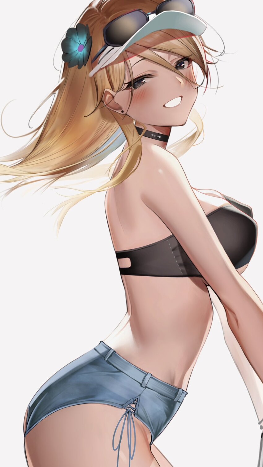 1girl bare_shoulders black_choker black_eyes black_tube_top blonde_hair blue_shorts blush breasts brown_hair choker denim denim_shorts earrings eyewear_on_head flower gradient_hair grin gyaru hair_flower hair_ornament half-closed_eye highres idolmaster idolmaster_shiny_colors izumi_mei jewelry kogal large_breasts long_hair looking_at_viewer multicolored_hair seseri_aoba short_shorts shorts side-tie_shorts smile solo strapless sunglasses tan tinted_eyewear tube_top visor_cap